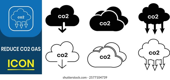 Reduce co2 gas icon, vector set. Reduce air pollution, carbon offset, decarbonize, sustainable development, renewable energy, ecology, environmental protection. Vector illustration