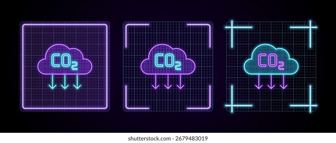 Reduce CO2 icon illustration, cyber neon visual, glowing border grid vector.	