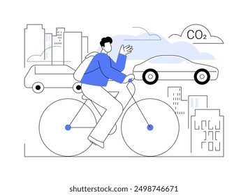 Reduce CO2 isolated cartoon vector illustrations. Young man riding a bike, using eco-friendly transport, reduce carbon emissions, responsible attitude, no air pollution vector cartoon.