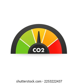 Reducir el concepto de nivel de CO2. Control de las emisiones de dióxido de carbono, nivel de CO2 hasta la posición mínima. Diseño ecológico sobre fondo blanco. Ilustración del vector