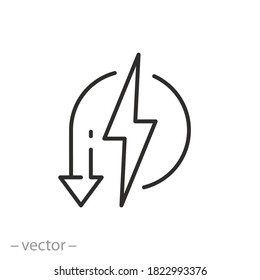 reduce consumption energy icon, electricity power reduction, voltage performance, backup power engine, thin line web symbol on white background - editable stroke vector illustration eps10