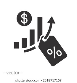 Reduzca el costo, el ícono, aumente la venta del beneficio y del crecimiento, ofrezca el descuento especial, Ilustración vectorial plana