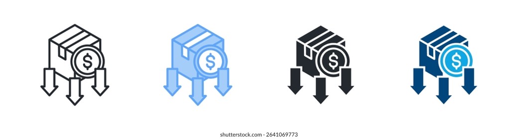 Reduce Cost Icon Set Multiple Style. Design In Outline, Blue, Glyph, Dualtone