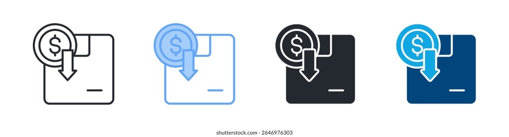 Reduce Cost Icon Set Multiple Style. Designed In Outline, Blue, Glyph, Dual Tone