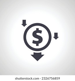 Reduce costs icon. coin with down arrow