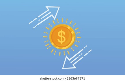 Reduzca los costes o aumente el concepto de icono de análisis de riesgo de dólar beneficio flecha salarial de precio.sobre fondo azul.Ilustración de diseño de vectores.