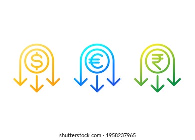 reduce costs line icon with dollar, euro and rupee