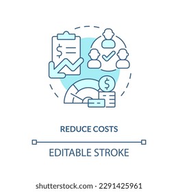 Icono de concepto turquesa de reducción de costes. Menos gastos. El software de contabilidad se beneficia de la idea abstracta de la ilustración de línea delgada. Dibujo de contorno aislado. Trazo editable. Fuentes Arial, Myriad Pro-Bold utilizadas