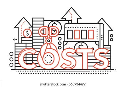 Reduce Costs - vector modern line flat design illustration with coin stacks, dollar bills, scissors cutting the word Costs
