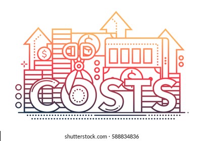 Reduce Costs - vector modern line flat design illustration with coin stacks, dollar bills, scissors cutting the word Costs - color gradient