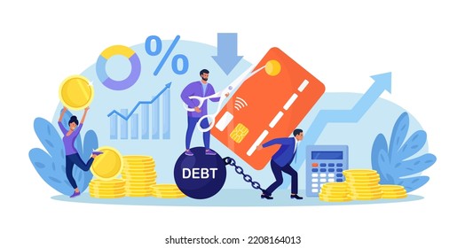 Reduce debt. Banker cuts credit card of borrower with scissors. Money debt deliverance and finance freedom. Businessman helped debtor to solve financial problems. Man freed from monetary obligations