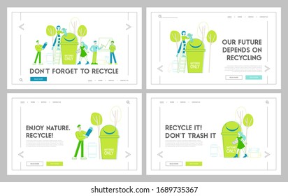 Reduce Earth Planet Pollution Landing Page Template Set. Characters Throw Out Electronic Equipment and Batteries to Huge Litter Bin. Nature Environment Protection. Linear People Vector Illustration