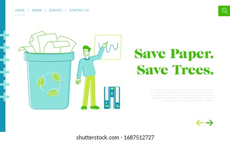 Reduce Earth Pollution, Deforestation Landing Page Template. Man Performing Growing Arrow Chart with Statistics Information of Using and Recycling Paper Waste Data Graph. Linear Vector Illustration
