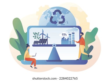 Reduce emission CO2. Scales with ecofriendly and factory. Net zero emissions and carbon dioxide neutral balance. Sustainability concept. Modern flat cartoon style. Vector illustration