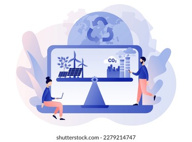 Reduce emission CO2. Sustainability concept. Scales with ecofriendly and factory. Net zero emissions and carbon dioxide neutral balance. Modern flat cartoon style. Vector illustration