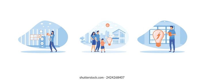 Reduce energy consumption. Family unplug appliances and use energy saving light bulb.Green electricity and power saving. Energy consumption set flat vector modern illustration 