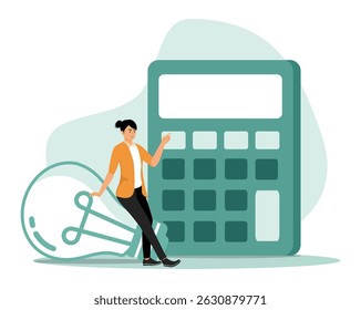 Reduce energy consumption at home. Woman leaning on a light bulb and pointing to a calculator, symbolizing creativity and innovation.