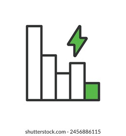 Reduce energy usage, in line design, green. Reduce, energy, usage, conservation, efficiency, sustainable, power on white background vector. Reduce energy usage, editable stroke icon.