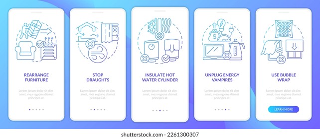 Reduzca los consejos de uso de energía en la pantalla de aplicación móvil de gradiente azul. Recorrido 5 pasos instrucciones gráficas con conceptos lineales. UI, UX, plantilla GUI. Multitud de tipos de letra Pro-Bold, con uso regular