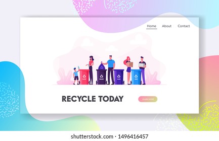 Reduce Environment Pollution Website Landing Page. Family with Kids Collect Litter to Recycle Bins, People Recycling Garbage to Separation Containers Web Page Banner. Cartoon Flat Vector Illustration
