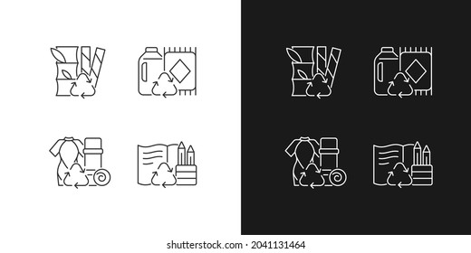 Reduce environmental pollution linear icons set for dark and light mode. Compostable straws. Ethical flooring. Customizable thin line symbols. Isolated vector outline illustrations. Editable stroke