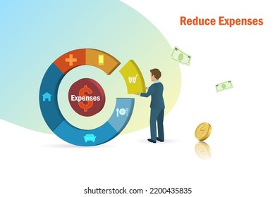 Reduce Expenses, Cost Of Living Concept. Businessman Cut Off Unnecessary Expense From Pie Graph For Reduce Cost Payment. 