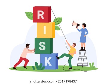 Reduzir o risco financeiro, estratégia de negócios para evitar perigos e evitar perda de dinheiro. Minúsculas pessoas controlam a torre de cubos coloridos com texto Risco, parar de cair desenho animado ilustração vetor
