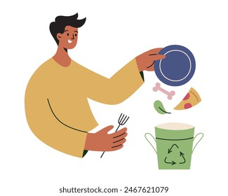 Reduce food waste composition, man throwing leftovers in compost bin, vector illustration of cartoon flat character, reuse garbage, sustainable eating composition, ecology awareness