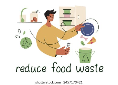 Reducir el desperdicio de alimentos afiche, hombre tirando sobras en la papelera de compost, Ilustración vectorial de carácter plano, ícono de la tierra, reutilizar la basura, composición alimentaria sostenible, conciencia ecológica