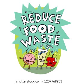 Reduce Food Waste Zombie Food Cartoon Illustration.