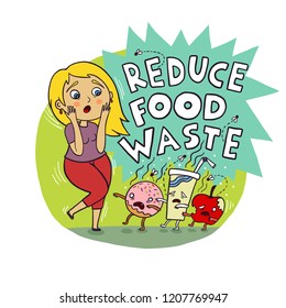 Reduce Food Waste Zombie Food And Scared Girl Cartoon Illustration.