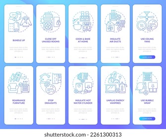 Reduce heat energy consumption onboarding blue gradient mobile app screen set. Walkthrough 5 steps graphic instructions with linear concepts. UI, UX, GUI template. Myriad Pro-Bold, Regular fonts used