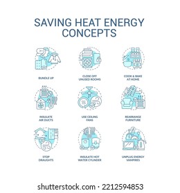Reduce heat energy using turquoise concept icons set. Warming house in winter idea thin line color illustrations. Isolated symbols. Editable stroke. Roboto-Medium, Myriad Pro-Bold fonts used
