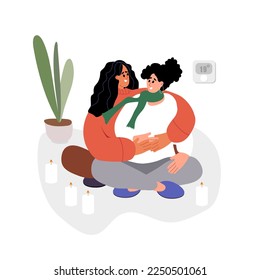 Reduce heating. Save Energy. Women Couple are Hugging each other in Lotos Pose and Candles around. Thermostat 19 degrees Temperate. Vector illustration.