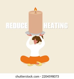 Reduce heating. Save Energy. Woman is holding the Big Candle in yoga lotos pose. Vector illustration.