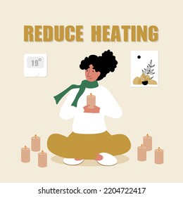 Reduce heating. Save Energy. Woman is holding Candle in yoga lotos pose and Candles around. Thermostat 19 degrees Temperate, Picture on the wall. Vector illustration.