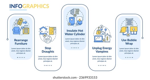 Reduce home heat loss rectangle infographic template. Save energy. Data visualization with 5 steps. Editable timeline info chart. Workflow layout with line icons. Lato Bold, Regular fonts used