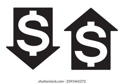 Reduce or increase expenses icon. Image of two arrows with a dollar sign inside. EPS 10. Vector illustrations