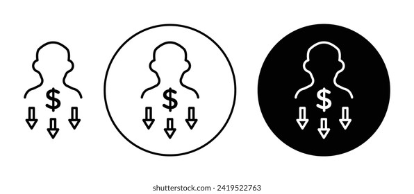 Reduce labor costs icon set. Low labour wage in a black filled and outlined style. Employee manpower reduction sign.