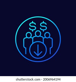 icono de reducción de costes laborales con trabajadores, vector de línea