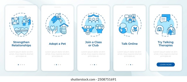 Reducir la soledad se acerca a la pantalla azul del App móvil de incorporación. Instrucciones gráficas editables de 5 pasos con conceptos lineales. PLANTILLA UI, UX, GUI