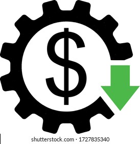 Reduce maintenance cost icon. money icon, black gear, and green arrow isolated on white background. RGB EPS vector illustration.