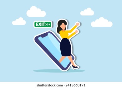 Reduce mobile screen time, digital detox, exit from virtual social media and live your real life concept, happy young woman walking step out of smartphone mobile screen follow green exit sign.