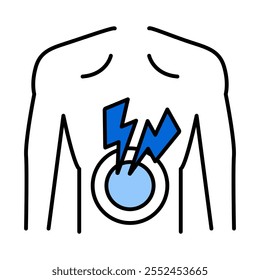 Reducir el icono del dolor – Pecho con marca de dolor que representa alivio del dolor y atención médica