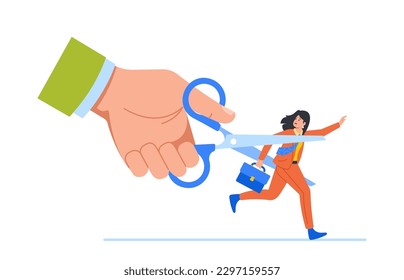 Reduce Personnel Concept Depicted With Huge Boss's Hand Using Scissors To Cut Escaping Employee, Cartoon Illustration