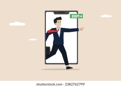 Reduce phone screen time, quit virtual social media, live your real life concept, happy young man walking out of smart phone screen following green exit sign.