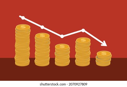 Reduzca el montón de monedas con el gráfico abajo. concepto de colapso financiero flecha abajo de moneda de oro con fondo rojo