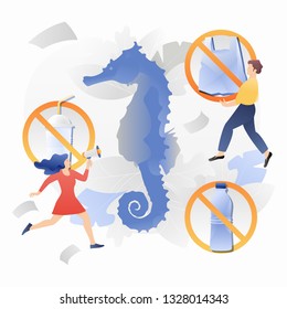 Reduce plastic pollution  metaphor. Modern vector styled image of no plastic signs with flat illustration of seahorse  surrounded by tiny 
activists.