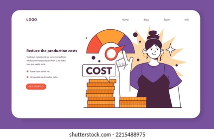 Reduzca los costes de producción en el banner web o en la página de inicio. Optimización efectiva de los gastos de manufactura en condiciones de estancamiento económico. Acciones de ahorro de negocios. Ilustración vectorial plana