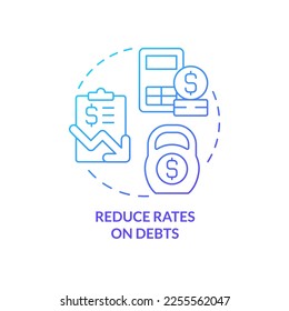 Reduce rates on debts blue gradient concept icon. Low interest rate. Budgeting for inflation abstract idea thin line illustration. Isolated outline drawing. Myriad Pro-Bold font used